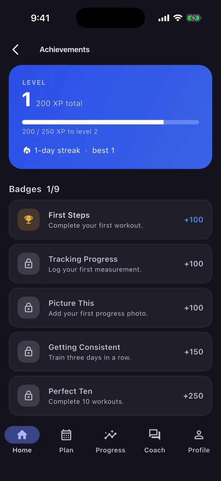Achievements screen with a blue level card showing level one and 200 XP toward level two, above a list of nine badges with the first unlocked.