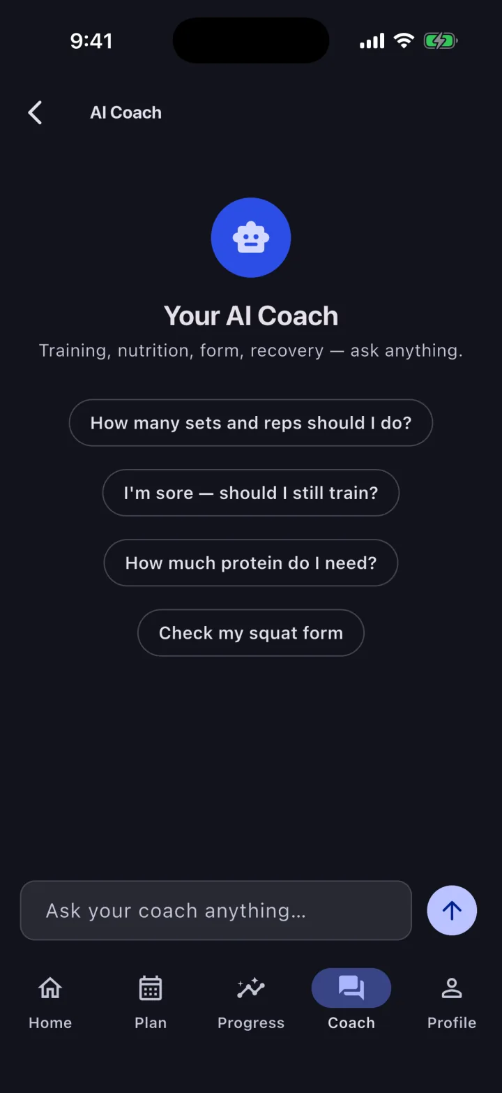 AI Coach screen with suggested questions about sets and reps, training while sore, protein intake and squat form, above a message box.