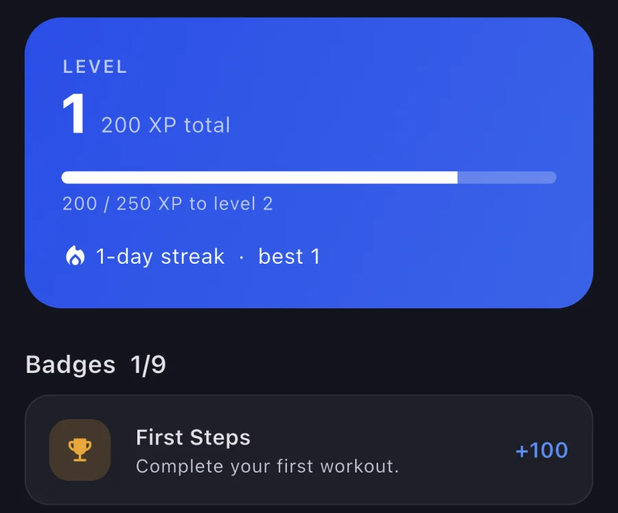 The achievements screen's blue level card showing level one with 200 of 250 XP toward level two and a one day streak, above the first two badges.