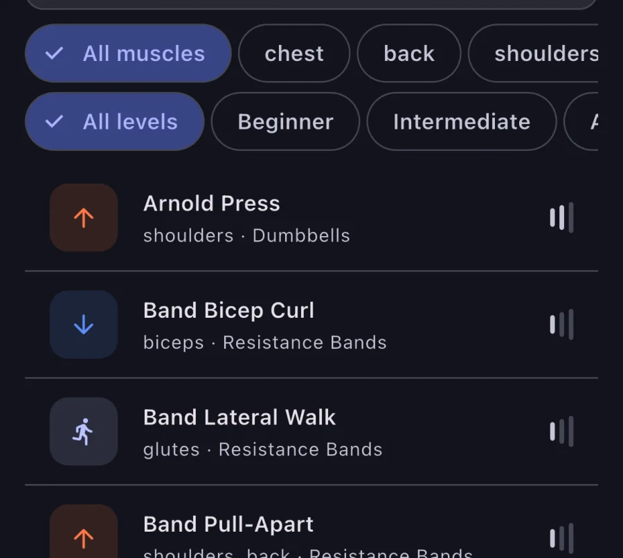 Exercise library rows showing Arnold Press, Band Bicep Curl, Band Lateral Walk and Barbell Back Squat, each with target muscles, equipment and a difficulty indicator.