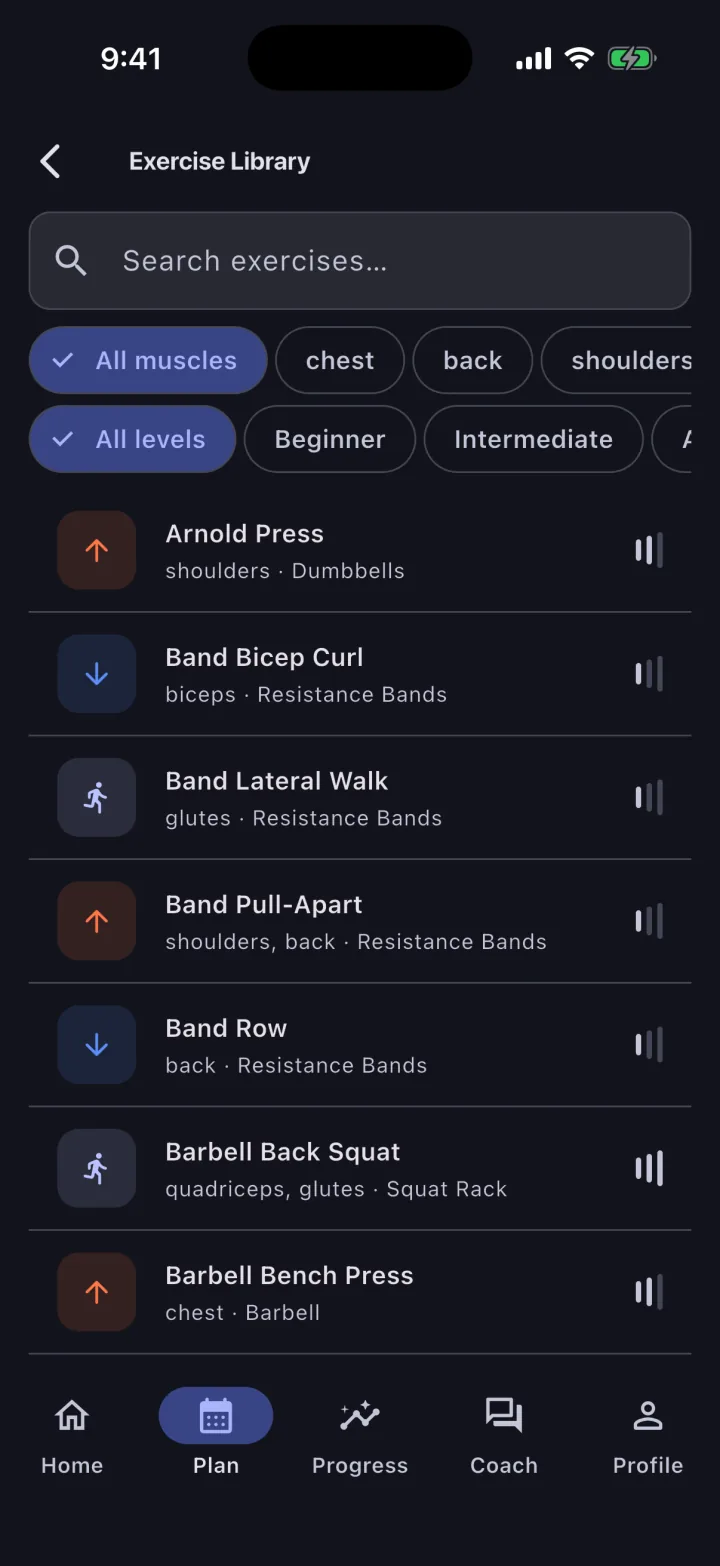 Exercise library with a search field, muscle group and difficulty filters, and a list of exercises each showing its target muscles and required equipment.