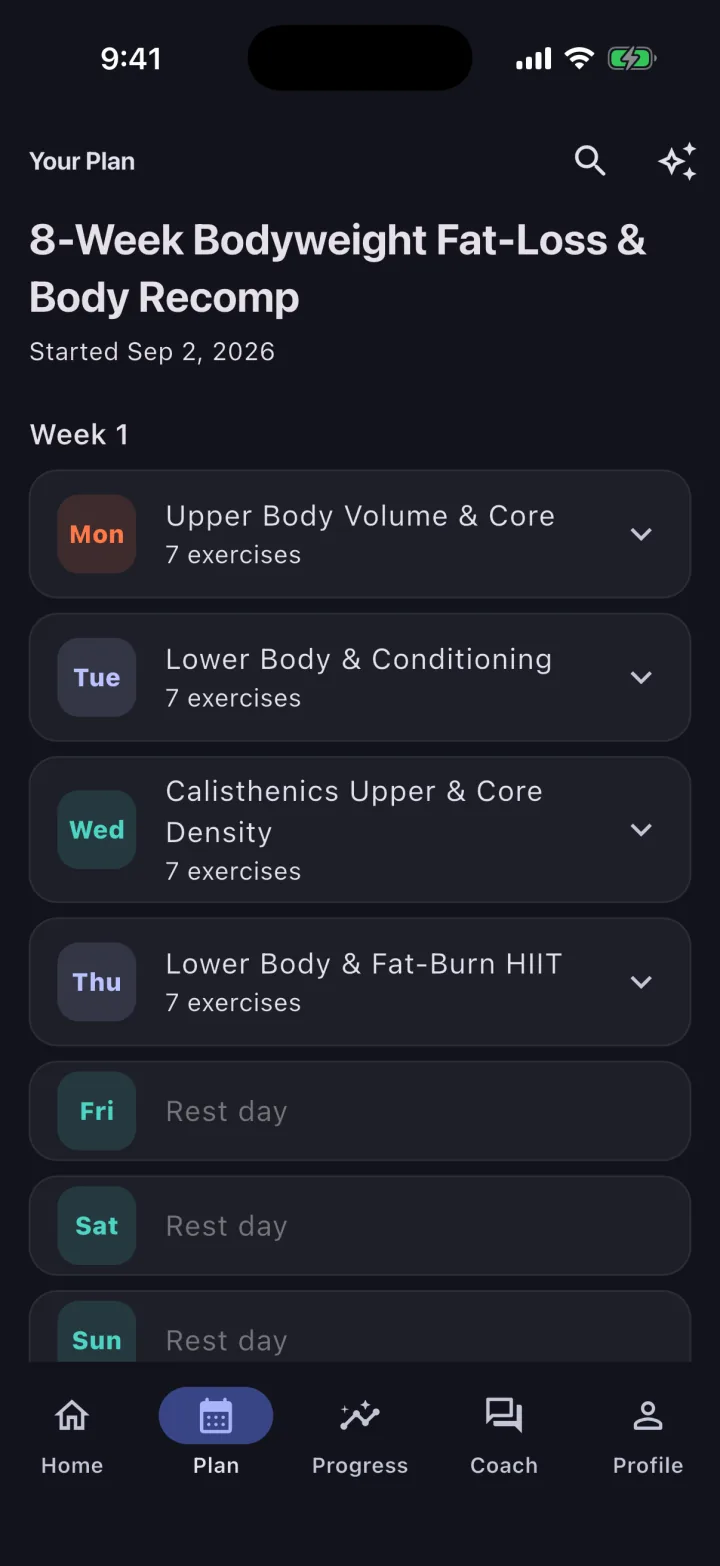 Plan screen listing an eight-week bodyweight fat-loss and body recomposition plan, with each weekday showing its session name and exercise count, and rest days marked.